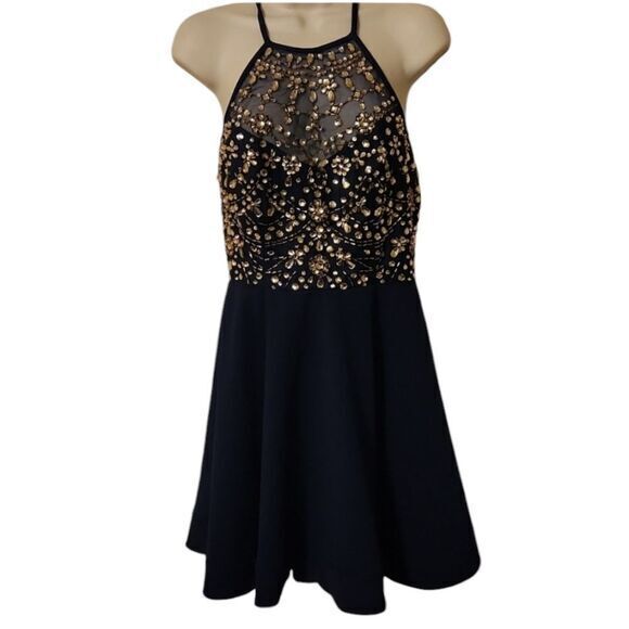 B Darlin Dark Blue Gem Halter‎ Prom Style Dress - Picture 1 of 4